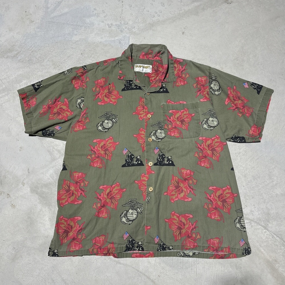 Vintage 1980e Men's SZ XL Kamp Shirt US Marines Eagle Crest Hawaiian AOP Polo